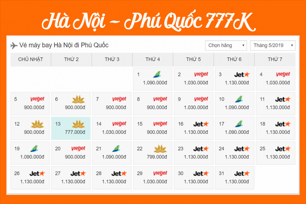 Bảng giá vé máy bay Hà Nội - Phú Quốc